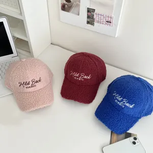 Winter lamb wool baseball caps with letter embroidery in pink, red, and blue colors