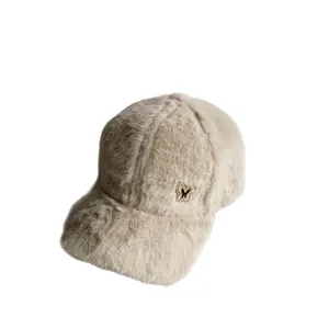Winter warm faux rabbit fur baseball cap in beige with rhinestone butterfly decor