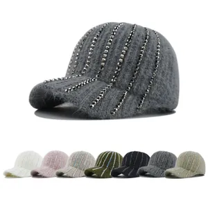 Casquette Baseball in Maglia con Strass da Donna Invernale Calda Peluche a Righe con Visiera Berretto Termico Regolabile
