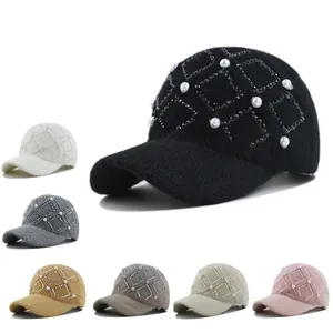 Damen Acryl Strick Baseballkappe Mit Strass Künstliche Perlen Akzenten Warm Winter Herbst Verstellbare Mode Outdoor Hut