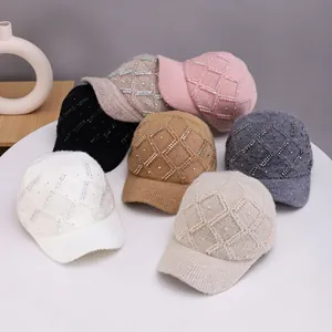Women Knitted Baseball Cap With Rhinestone Rhombic Pattern Acrylic Warm Winter Hat Fashion Outdoor Peaked Cap For Lady