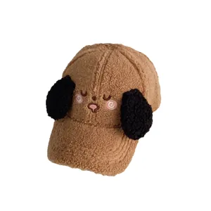 Brown teddy fleece baseball cap with cartoon puppy embroidery and 3D black ears