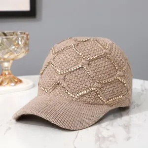 Damen Gestrickte Baseballkappe Mit Strass Rautengitter Winter Warm Mode Acryl Zungenhut Für Damen Outdoor Lässig