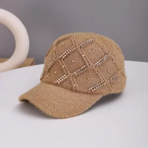 Fashionable camel knit baseball cap with diamond pattern rhinestones for winter warmth