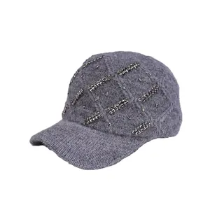 Grey knitted baseball cap with diamond grid pattern and rhinestones for winter warmth