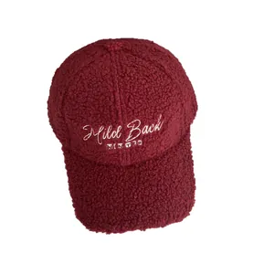 Winter faux lamb wool baseball cap in burgundy red with white embroidery lettering