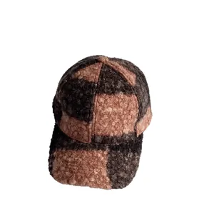 Women's teddy fleece baseball cap with color block patchwork design for winter warmth