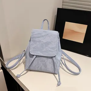 Vintage Wrinkled Texture PU Leather Mini Backpack For Women Urban Simple Drawstring Flap Fashion Casual School Bag