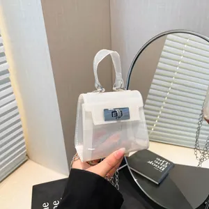Minibolso Cuadrado de Gelatina de PVC para Mujer Moderno Bolso de Hombro Cruzado con Cadena Plateada y Cierre de Metal Bolso de Mano Elegante para Fiesta Cartera Pequeña