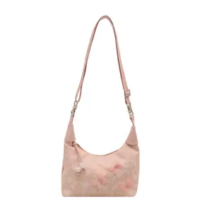 Pink New Chinese style hobo bag with 3D butterflies and delicate lace texture
