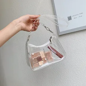 Detail of transparent PVC hobo bag showing silver zipper and inner cosmetics space