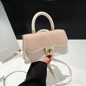 Women Fashion Spliced PU Leather Handbag Textured Flap Small Square Crossbody Bag With Gold Twist Lock Casual Shoulder Bag