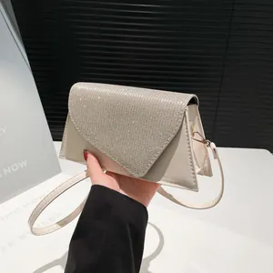 Sac Bandoulière Minimaliste en Cuir PU pour Femme Petit Carré avec Rabat Pailleté et Surpiqûres Contrastées Sac de Soirée