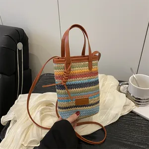 Mini Sac à Bandoulière Tissé à Rayures Colorées pour Femmes Sac de Téléphone en Paille Sac à Main Décontracté Été