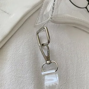 Detail view of transparent PVC bag showing durable silver metal hardware and fine stitching