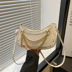 Women Croc Embossed PU Leather Underarm Bag Vintage Gold Chain Shoulder Bag Fashion Rivet Hobo Handbag Purse