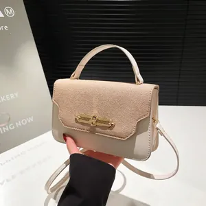 Borsa a Spalla Donna in Pelle PU Patchwork Tessuto Colore a Contrasto Con Chiusura in Metallo Dorato Tracolla Piccola