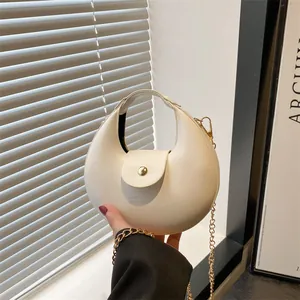 Dames Mode PU Leer Halve Maan Schoudertas Elegante Effen Kleur Onderarmtas Met Gouden Metalen Ketting En Flap Handtas