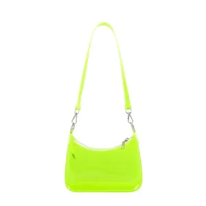 Neon green transparent jelly hobo shoulder bag with silver hardware on white background