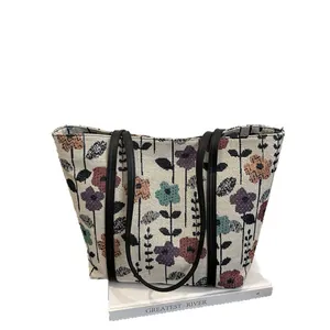 Floral print canvas tote bag with vintage tapestry patterns and long black shoulder straps
