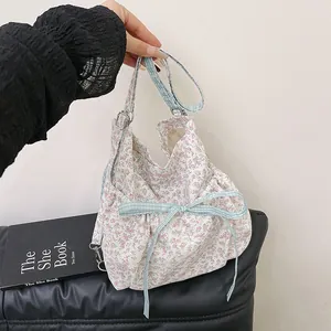 Women Floral Print Shoulder Underarm Bag With Bow Cute Pleated Small PU Handbag Portable Shopping Tote Bag For Ladies Girls