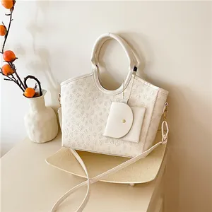 Women Fashion PU Leather Tote Bag With Small Pouch Floral Clover Embossed Handbag Shoulder Crossbody Bag For Everyday Work