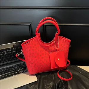 Red clover patterned tote bag set with detachable crossbody strap and small pouch