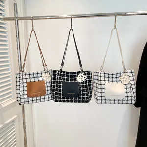 Fashionable checkered tweed tote bags in three colors with cute tiger charms and leather pockets