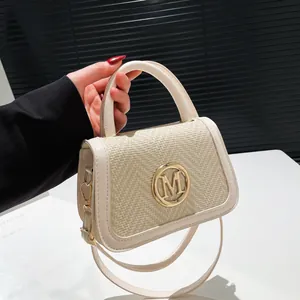 Borsa a Tracolla da Donna in Pelle PU Intrecciata Moda Logo M Oro Borsa a Mano Patchwork Quadrata Piccola con Patta e Manico Superiore