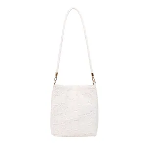Minimalist white lace shoulder bucket bag with floral texture and gold hardware details