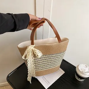 Women Fashion Straw Woven Tote Bucket Bag With PU Leather Strap Lace Bow Striped Summer Beach Vacation Shoulder Handbag