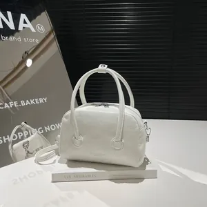 Sac Bowling Minimaliste en Cuir PU pour Femmes Motif Litchi Polyvalent Sac à Bandoulière Commuter Avec Poignée Supérieure
