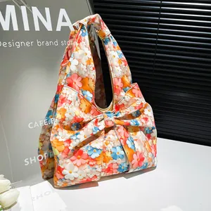 Women Fashion Floral Tote Bag Large Bow Design Fabric Shoulder Bag Daisy Print Casual Travel Handbag Shopping Bag