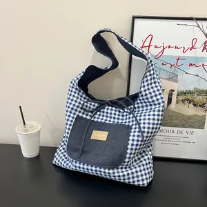 Women Casual Reversible Plaid Tote Bag Large Capacity Nylon Denim Patchwork Shoulder Bag With Bow Decor Versatile Handbag