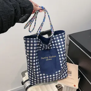 Borsa Tote In Tela Gingham Donna Borsa A Spalla Doppio Lato Spalline Intrecciate Colorate Tasca Contrasto Retro