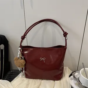 Women Glossy PU Leather Underarm Shoulder Bag With Bow Metal Decoration Versatile Solid Color Tote Handbag For Wedding Daily Casual