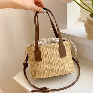 Women Casual Straw Woven Handbag Summer Vacation Shoulder Crossbody Tote Bag With Leather Strap And Drawstring Inner Pouch
