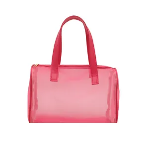 Portable rose red mesh makeup bag with durable handles and top zipper closure