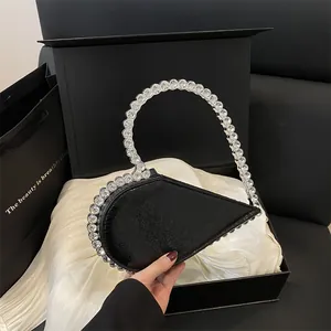 Heart Shaped Rhinestone Handle Evening Bag For Women Metallic PU Leather Party Clutch Wedding Banquet Elegant Fashion Handbag