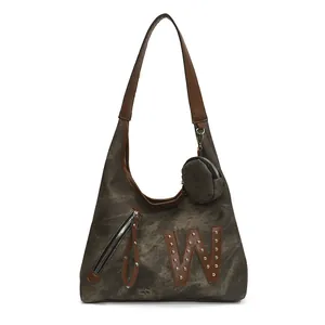 Bolso tote retro de lona gris con correas de cuero y parche de letra W para el diario