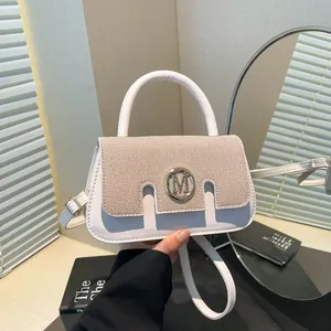 Patchwork PU Leather Crossbody Bag For Women Fashion Metal M Logo Small Square Handbag With Adjustable Strap Daily Office Shoulder Bag