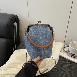 Vintage Denim Kiss-lock Crossbody Bag Polka Dot Rhinestone Handbag With Brown Handle Metal Chain Strap Small Doctor Bag For Women