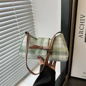 Retro Plaid Underarm Bag For Women Vintage Bowknot Checkered Baguette Shoulder Bag Casual Fabric Handbag Sweet Cool Y2K Style Commuter Purse