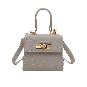 Mini light grey crocodile pattern handbag with golden metal twist lock and top handle