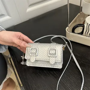 Women Fashion Mini PU Leather Square Crossbody Bag With Clear Acrylic Chain Carbon Fiber Texture Summer Casual Shoulder Handbag
