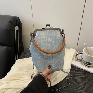 Retro denim doctor bag with rhinestones, leather strap and detachable chain strap