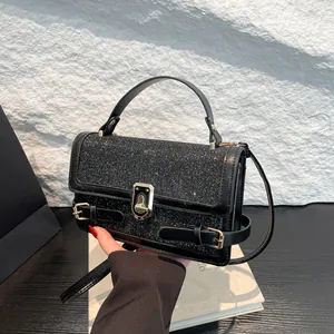 Sparkly black glitter crossbody square bag for women with gold clasp for 2025 fashion style