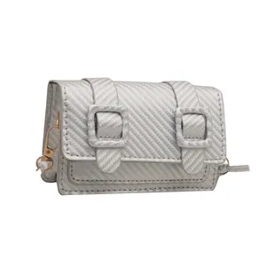 Silver mini crossbody bag with carbon fiber texture and golden metallic buckles