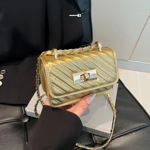 Women's Mini Chevron Quilted Crossbody Bag Fashion Chain Square Bag Faux Leather Metallic Turn-lock Shoulder Bag Daily