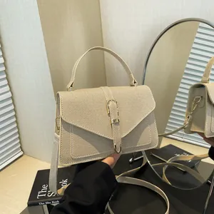 Ρετρό Υφή Twill Δέρμα PU Μικρή Τετράγωνη Τσάντα Χιαστί για Γυναίκες Χρυσή Μεταλλική Αγκράφα Τσάντα Ώμου με Λαβή